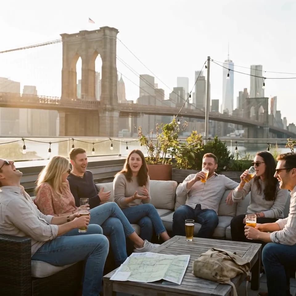 Friends on a Brooklyn rooftop at golden hour, the Brooklyn Bridge behind them