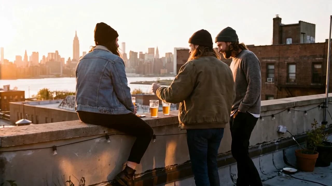 Friends on a Brooklyn rooftop at sunset, the Manhattan skyline across the river