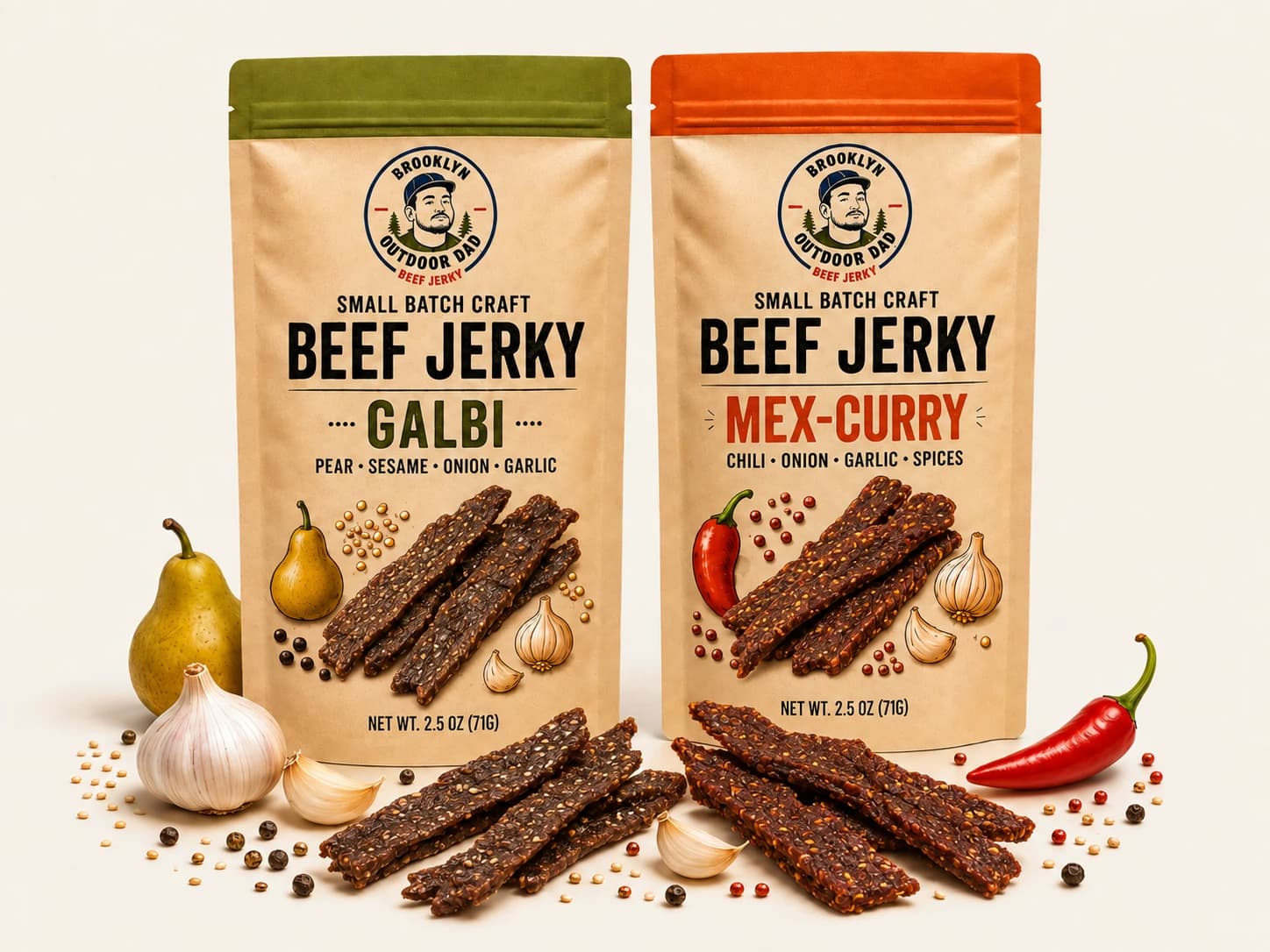 Brooklyn Outdoor Dad Galbi and Mex-Curry beef jerky pouches with loose strips, garlic and chili